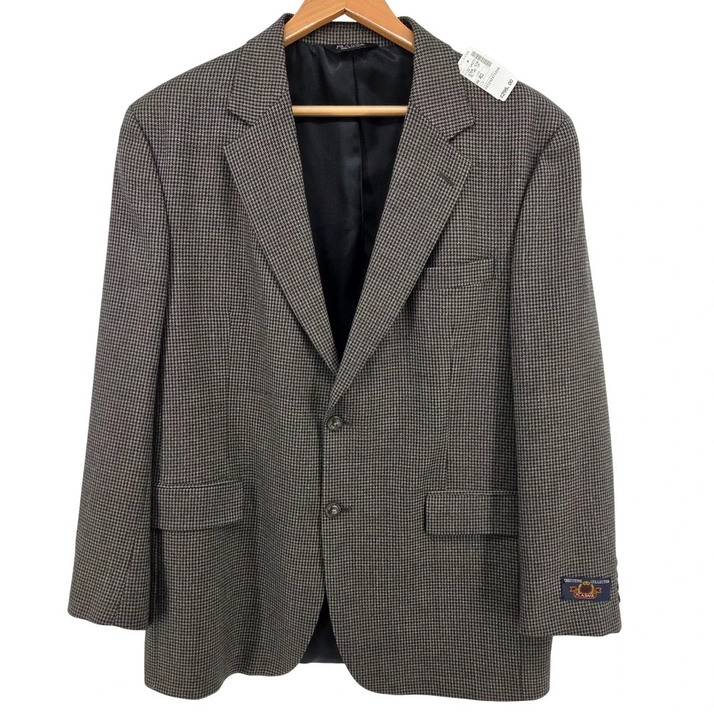 Jos A Bank Executive Collection Wool Cashmere Blazer Houndstooth Olive Gray 44R